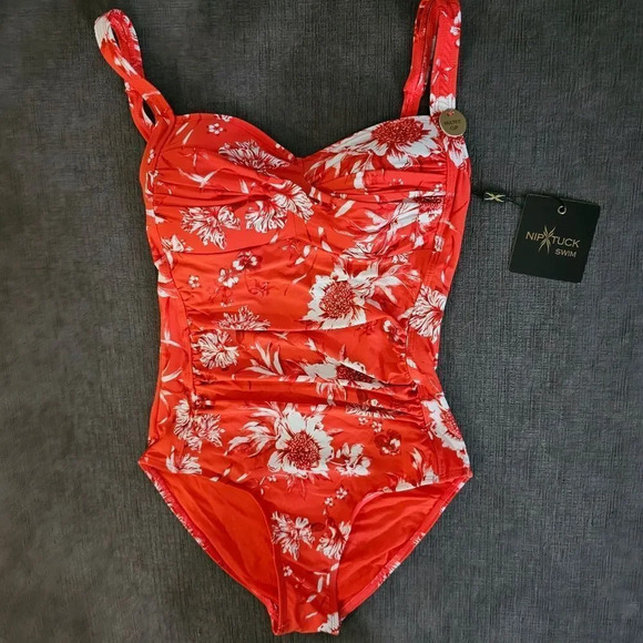 Nip Tuck Women's Red & White Floral One Piece Multi Fit Cup Swimsuit Size 8 - Picture 1 of 14